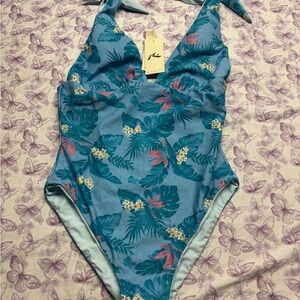 🍄NWT Rusty Blue Floral Halter One-Piece Swimsuit